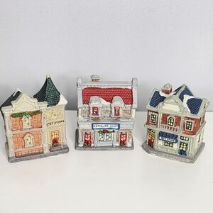 Holiday Miniature Village House Set – Red, Blue & Green Ceramic Collectibles